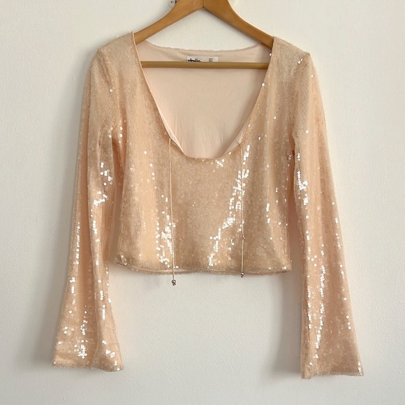 Elodie Sequin Tie Front Top Cropped Nude Tan NWOT - Picture 6 of 12